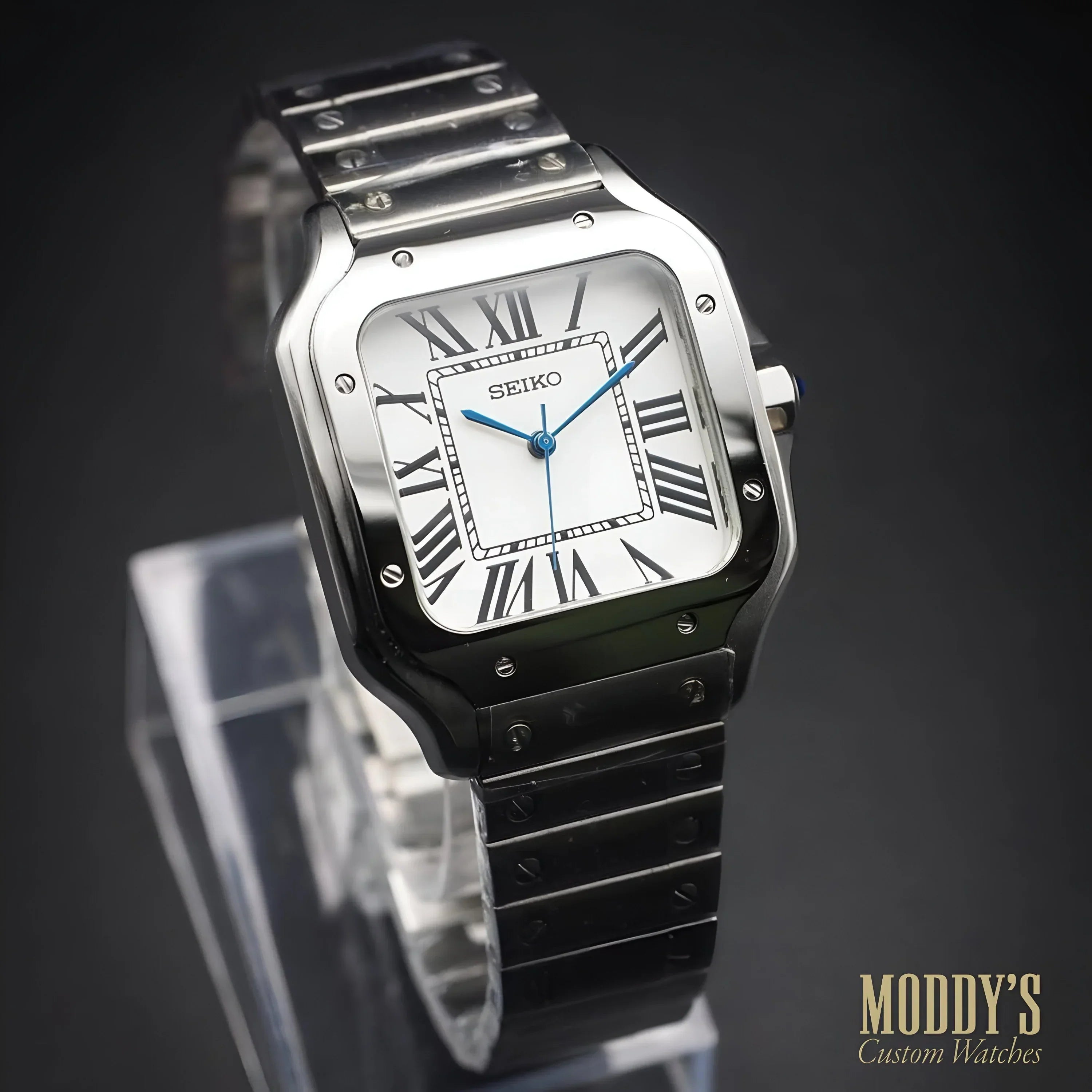 Seiko mod Santos silver square watch with black Roman dial, blue hands