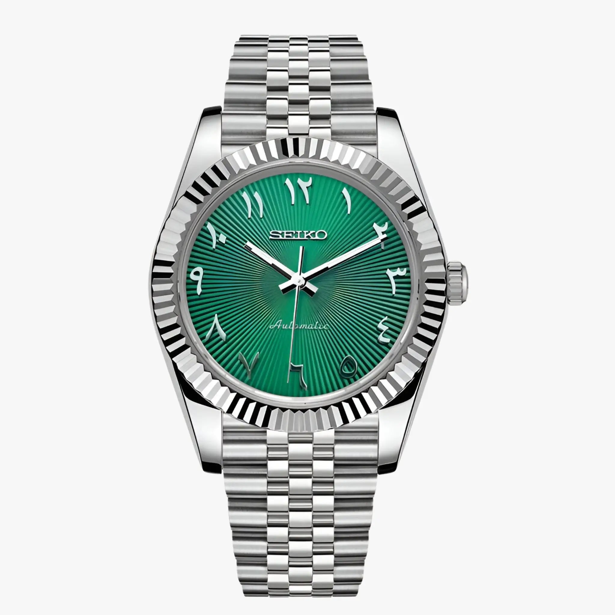 Seiko mod Datejust NH35 automatic with green dial and 316L steel bracelet