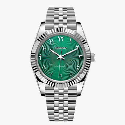 Seiko mod Datejust NH35 automatic with green dial and 316L steel bracelet
