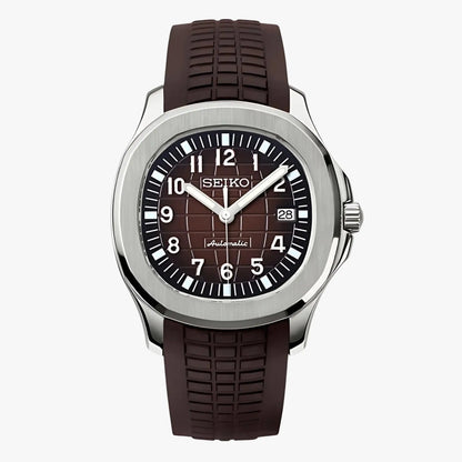 Seiko Mod Aquanaut watch with brown rubber strap, silver case, black dial, NH35 automatic movement