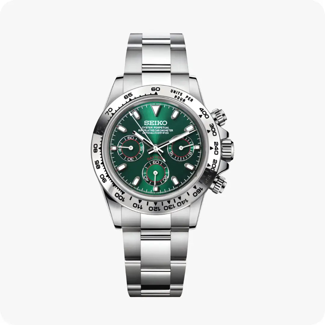 Seiko mod Daytona chronograph with green dial and stainless steel 316L bracelet