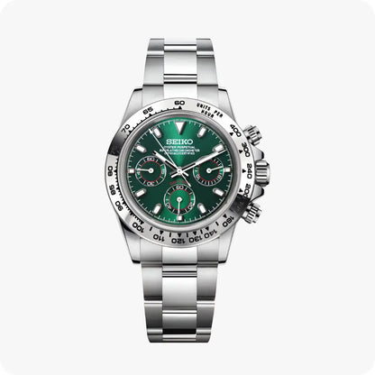 Seiko mod Daytona chronograph with green dial and stainless steel 316L bracelet