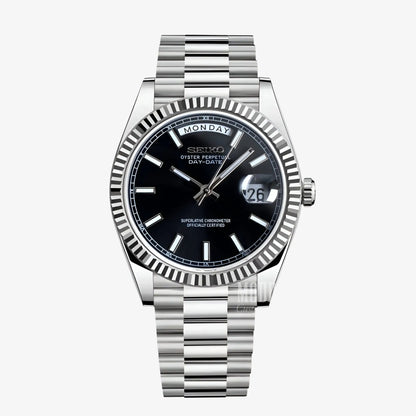 Seiko mod watch with 316L stainless steel, black dial, automatic movement