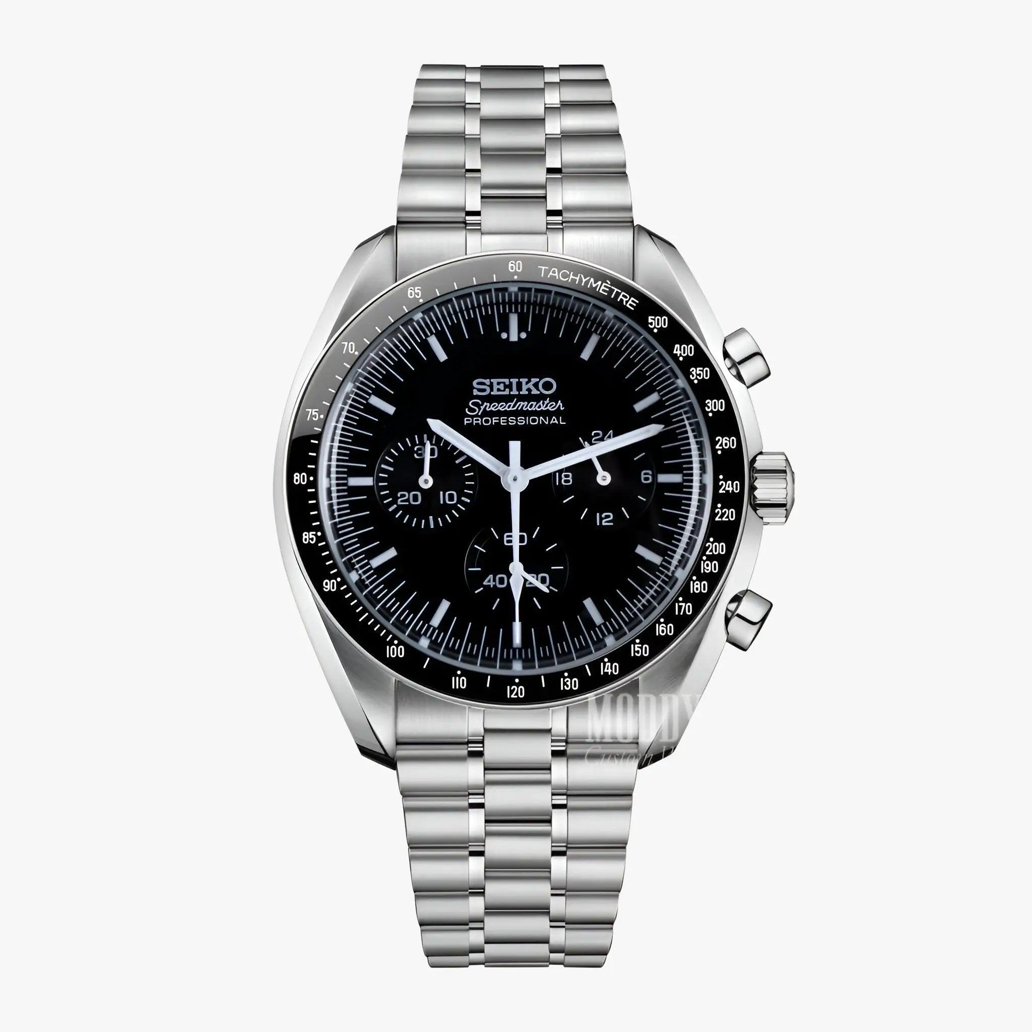 Seiko VK63 hybrid chronograph watch with black dial and steel bracelet