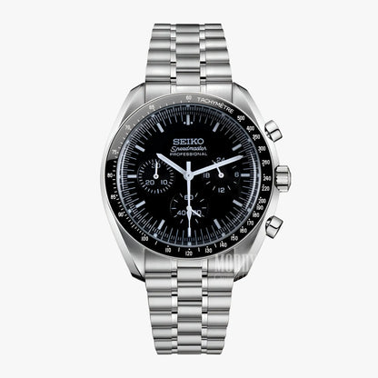 Seiko VK63 hybrid chronograph watch with black dial and steel bracelet