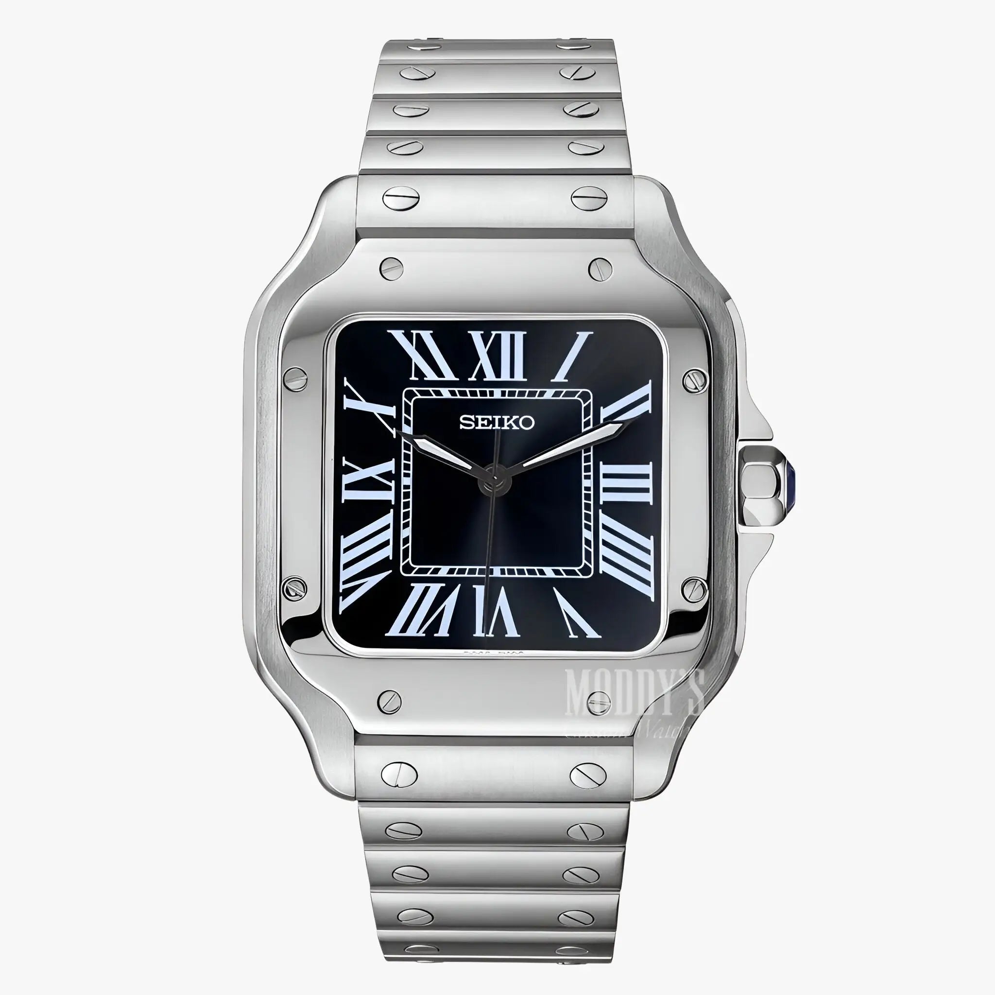 Seiko NH35 automatic mod Santos stainless steel 316L watch with black face and Roman numerals