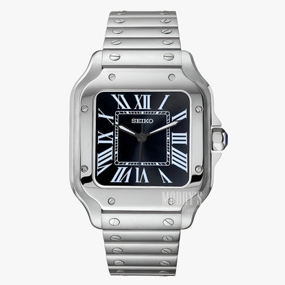 Seiko NH35 automatic mod Santos stainless steel 316L watch with black face and Roman numerals