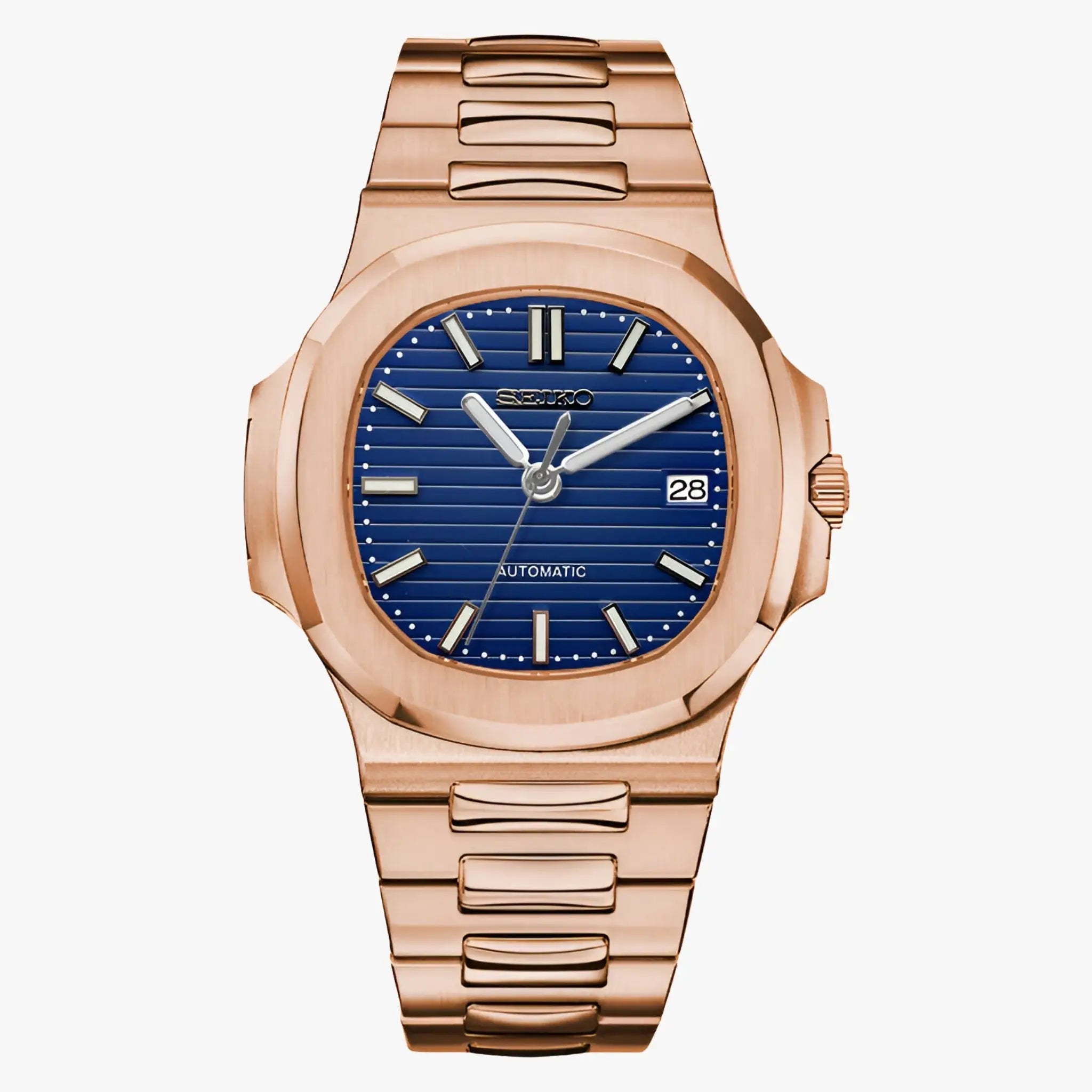 Rose gold Seiko mod Nautilus watch with blue dial, NH35 movement