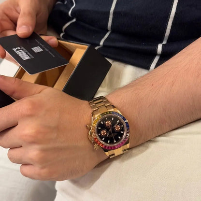Seitona Rose Gold Rainbow watch with black dial and colorful bezel
