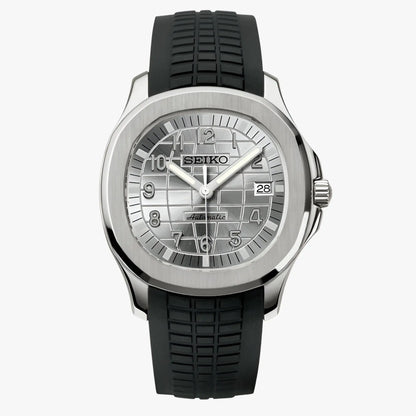 Seiko mod Aquanaut watch with silver dial, black rubber strap, NH35 automatic movement