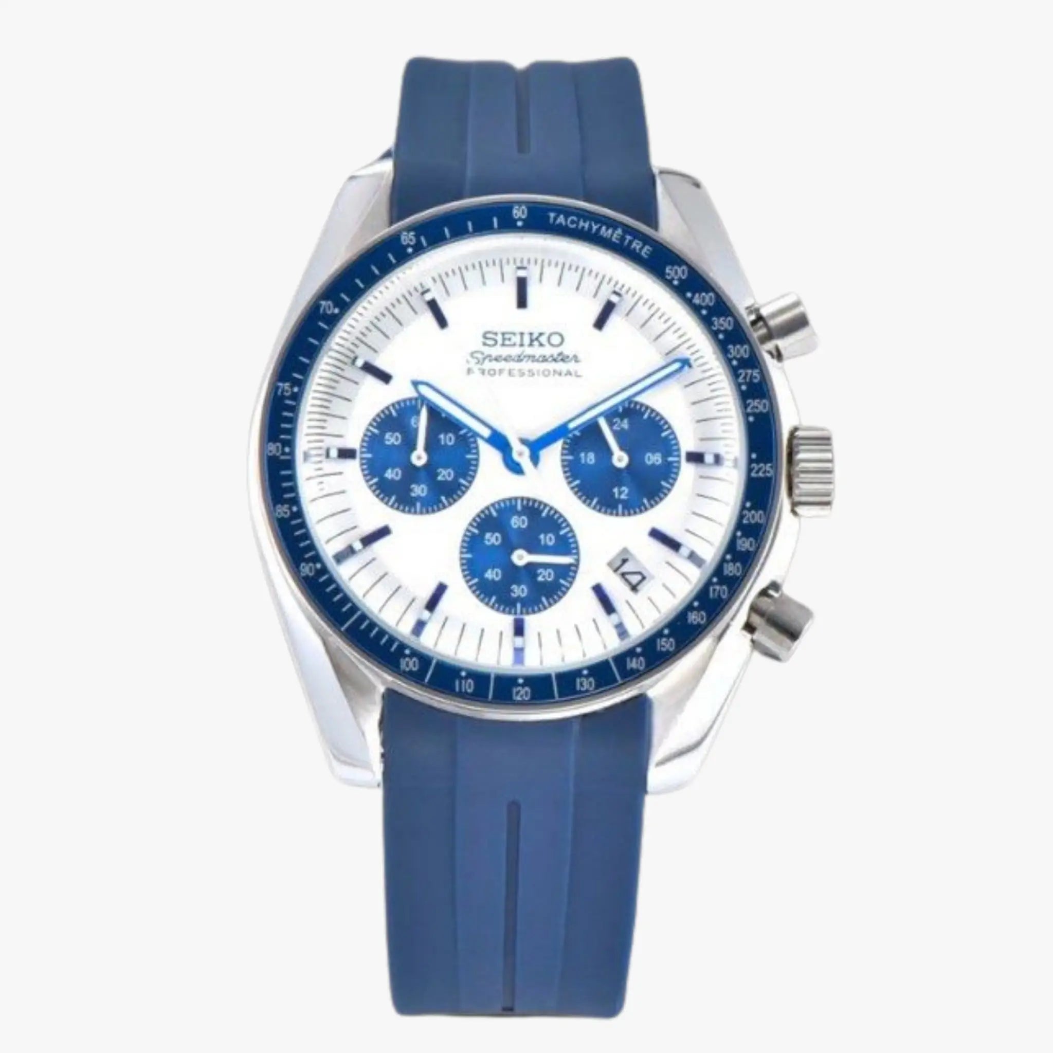 Seiko VK63 hybrid chronograph watch with Snoopy blue face and rubber strap