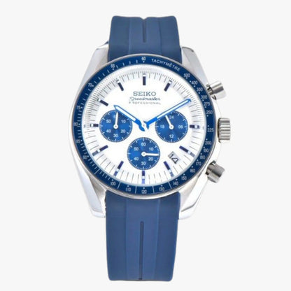 Seiko VK63 hybrid chronograph watch with Snoopy blue face and rubber strap
