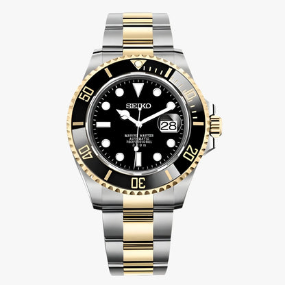 Two-tone Seiko mod Submariner watch with black dial, NH35 automatic movement