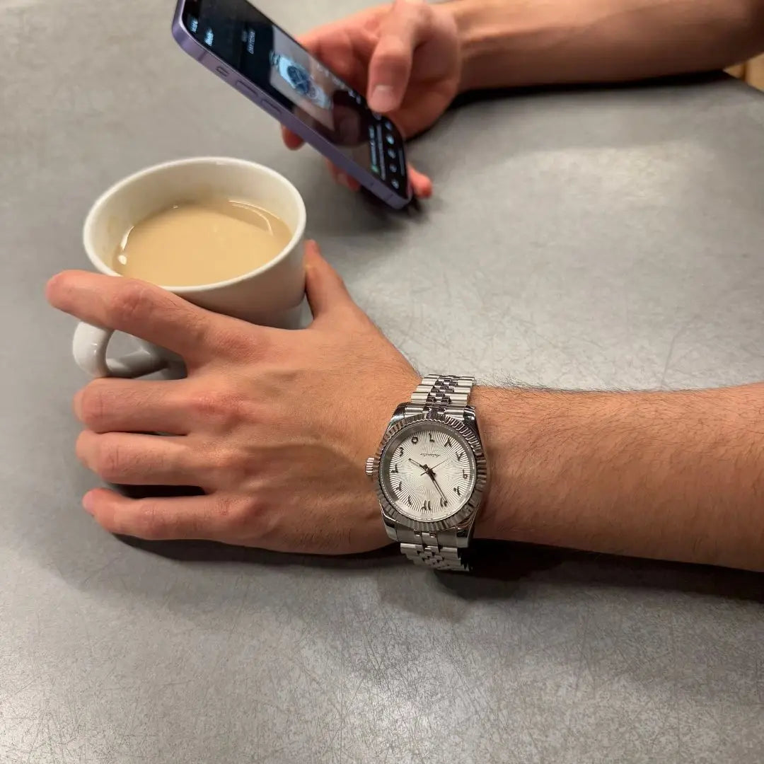 Seikojust white Arabic textured watch with NH35 automatic movement