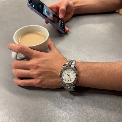 Seikojust white Arabic textured watch with NH35 automatic movement