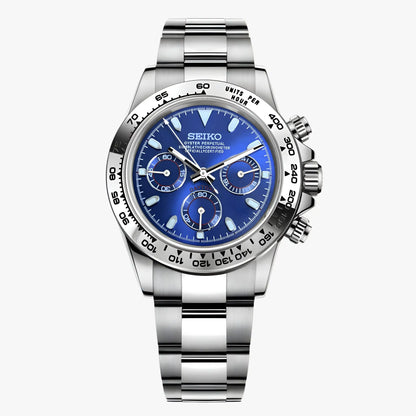 Seiko VK63 Hybrid mod Daytona chronograph with blue dial and silver bracelet