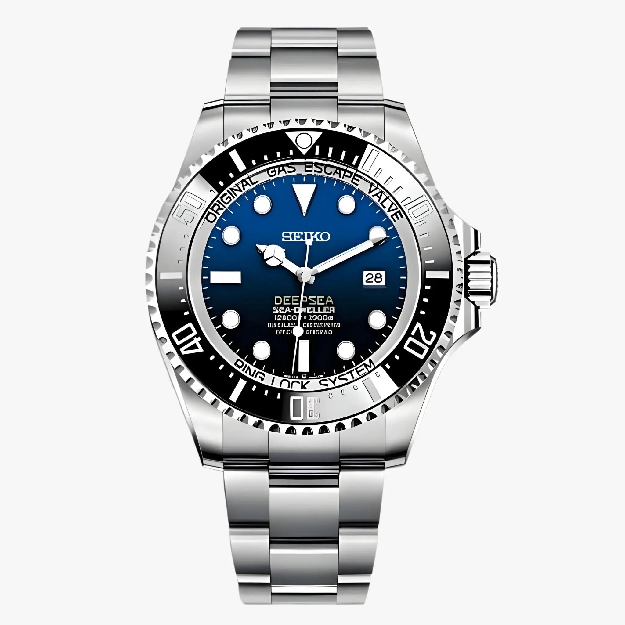 Seiko mod deepsea watch with blue dial and 316L stainless steel bracelet