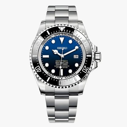 Seiko mod deepsea watch with blue dial and 316L stainless steel bracelet