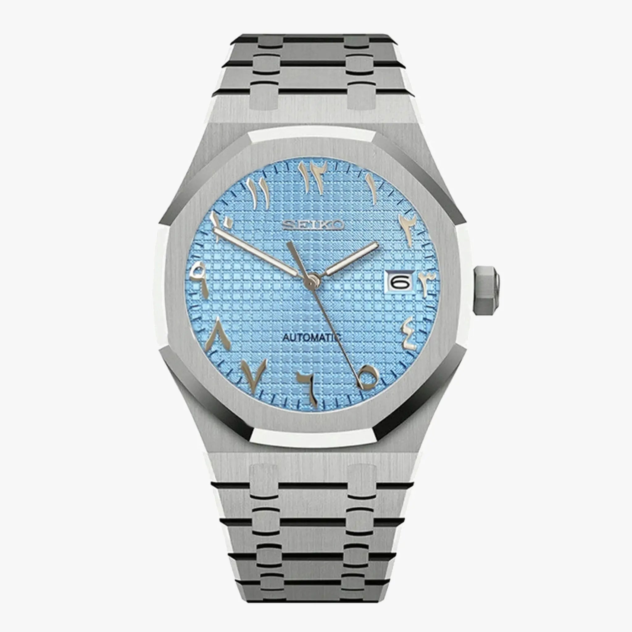 Royal Seikoak Arabic Ice Blue Seiko NH35 automatic royal oak mod stainless steel watch with blue textured face and Roman numerals