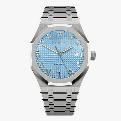Royal Seikoak Arabic Ice Blue Seiko NH35 automatic royal oak mod stainless steel watch with blue textured face and Roman numerals