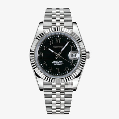 Seiko mod Datejust black Arabic watch with 904L stainless steel bracelet
