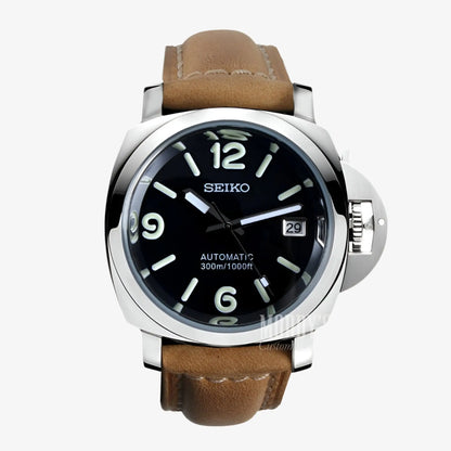 Seiko NH35 automatic watch with brown leather strap and black dial