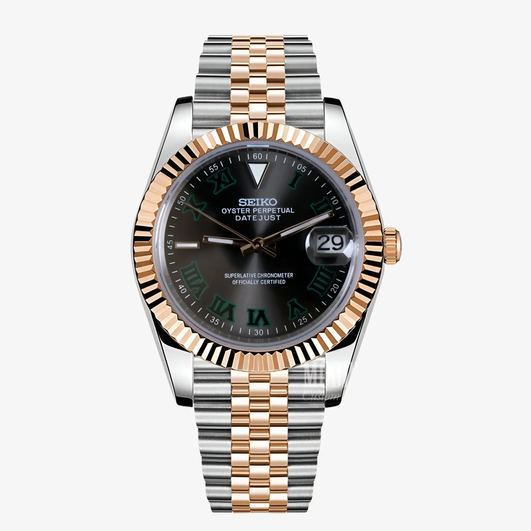 Seiko NH35 automatic two-tone 316L stainless steel and gold watch with black dial