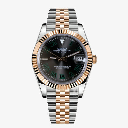 Seiko NH35 automatic two-tone 316L stainless steel and gold watch with black dial