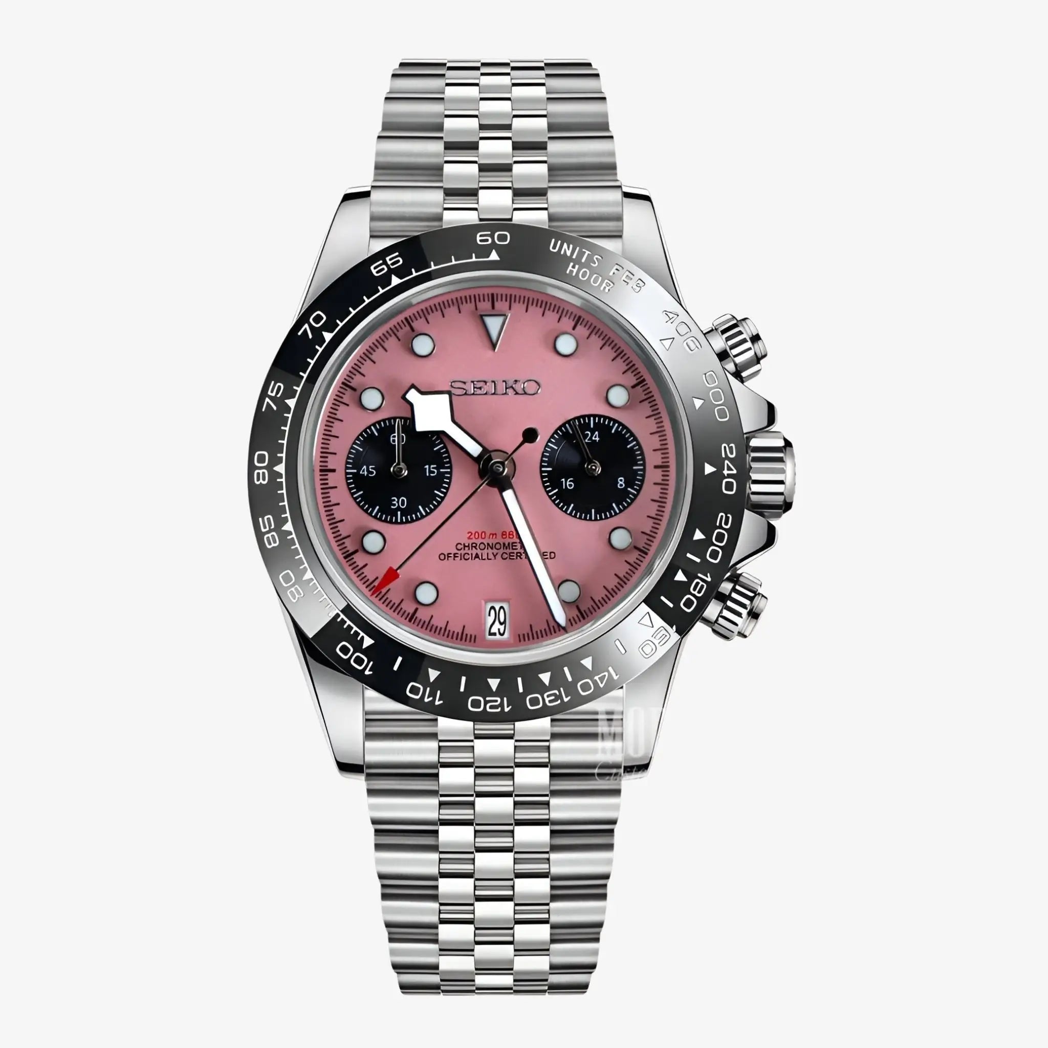 Seiko pink chronograph watch with VK63 hybrid movement
