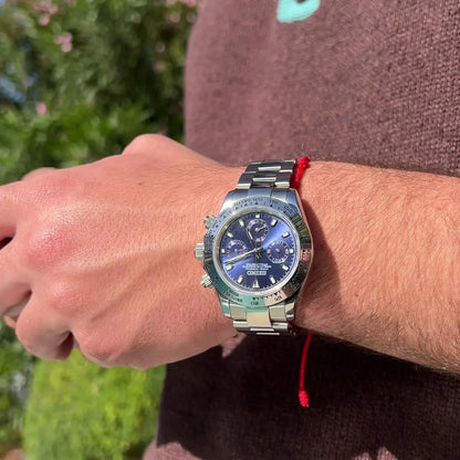 Seiko mod Daytona Seitona Silver-Blue with blue dial and red bracelet