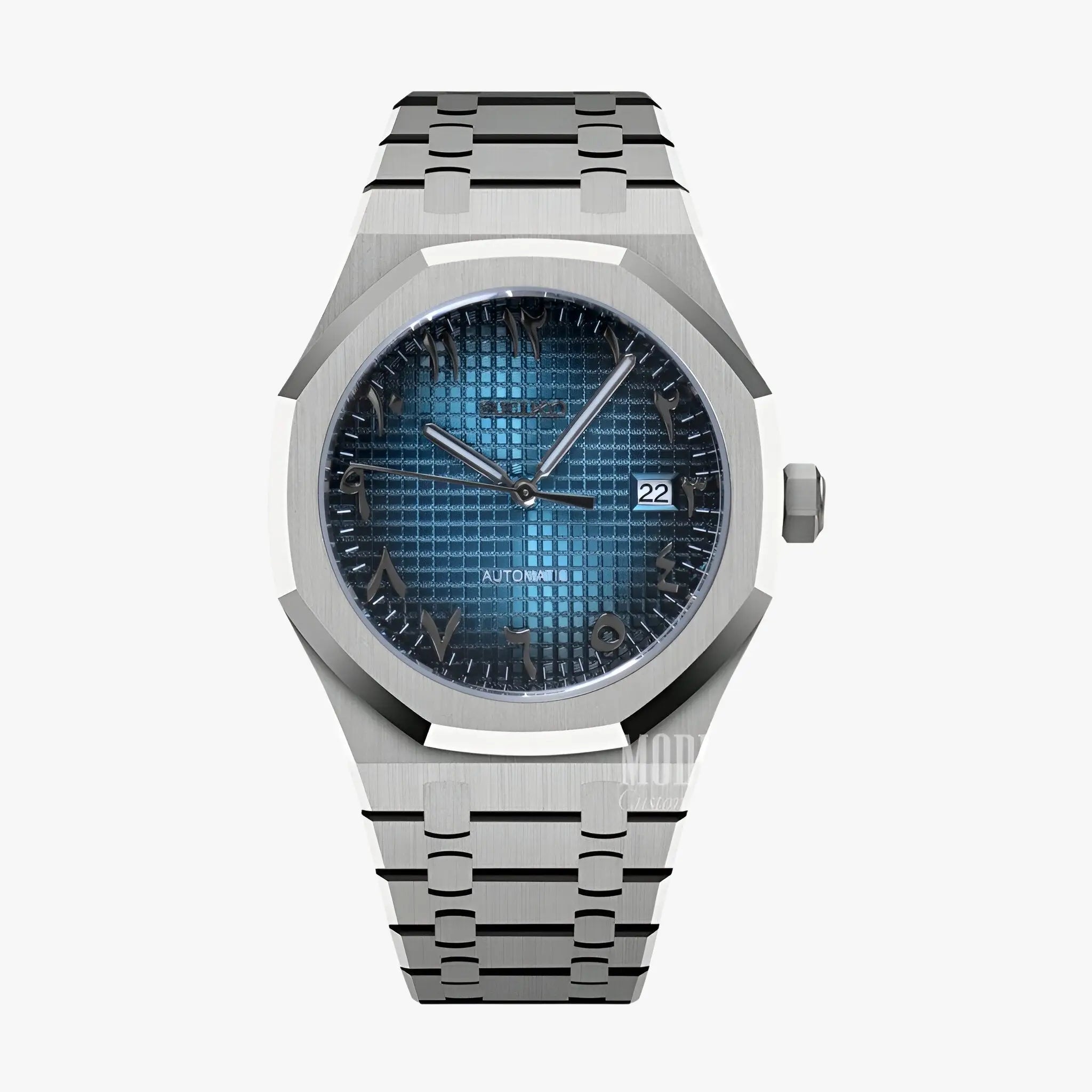 Royal Seikoak mod: silver skull watch with blue face, Seiko NH35 automatic