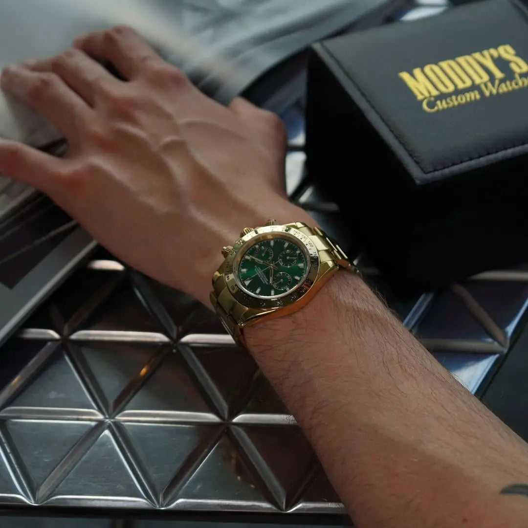 Seiko Mod Daytona Seitona gold-green watch with black leather strap