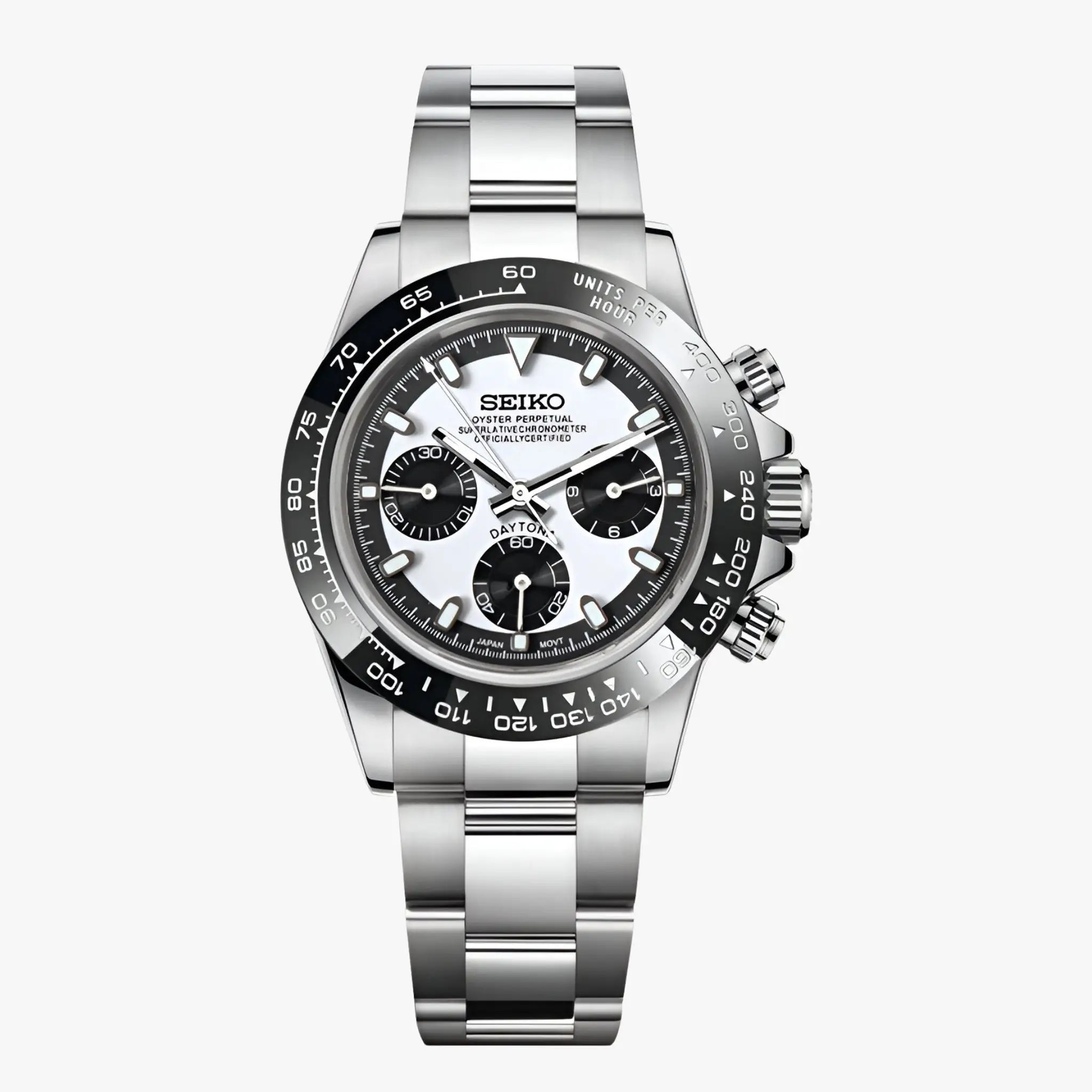 Seiko VK63 hybrid mod Daytona watch with black dial, silver accents