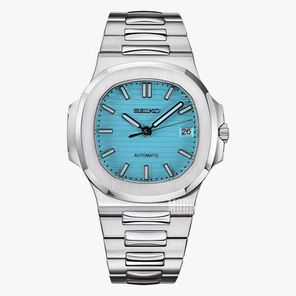Seiko NH35 automatic mod Nautilus watch with turquoise dial and 904L steel bracelet