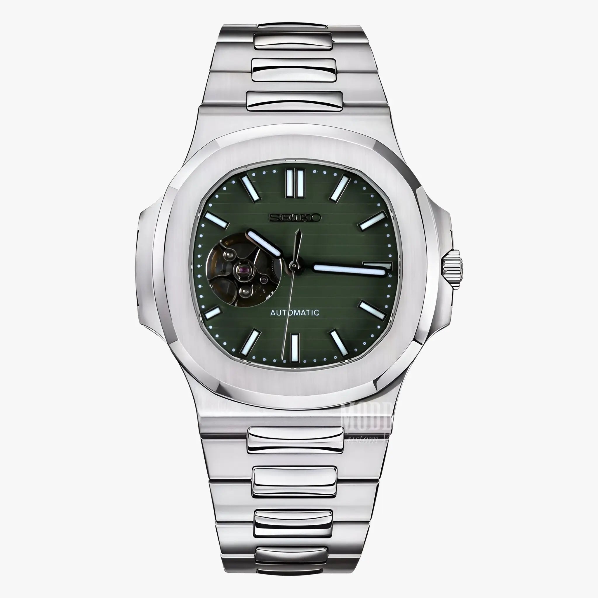 Seiko mod Nautilus olive green open dial stainless steel automatic watch with Patek Philippe logo and Seiko NH38 movement