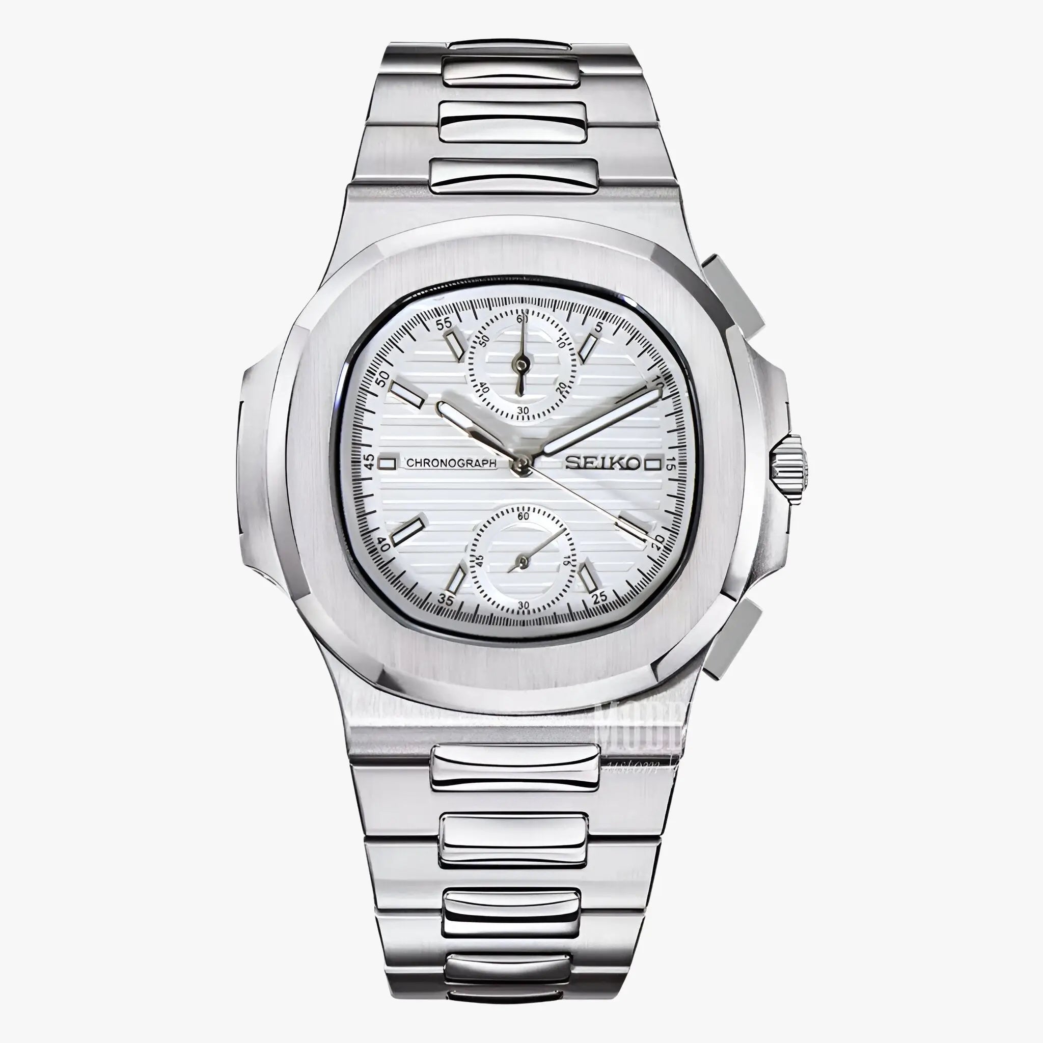 Nautiko Chrono White Seiko mod Nautilus chronograph with 904L steel band