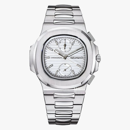 Nautiko Chrono White Seiko mod Nautilus chronograph with 904L steel band