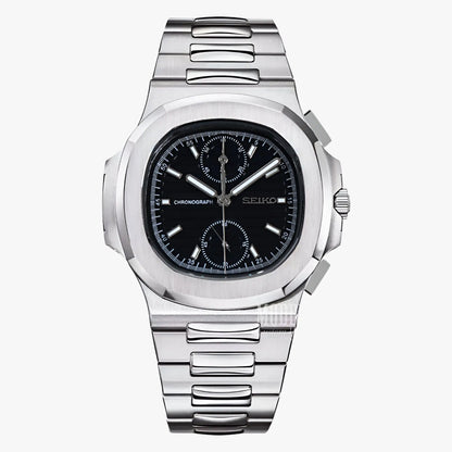 Seiko Nautiko Chrono Black mod Nautilus watch with 904L stainless steel bracelet and black dial