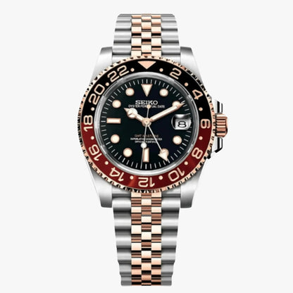 Seiko mod GMT watch with black dial, red gold bezel, NH34 movement
