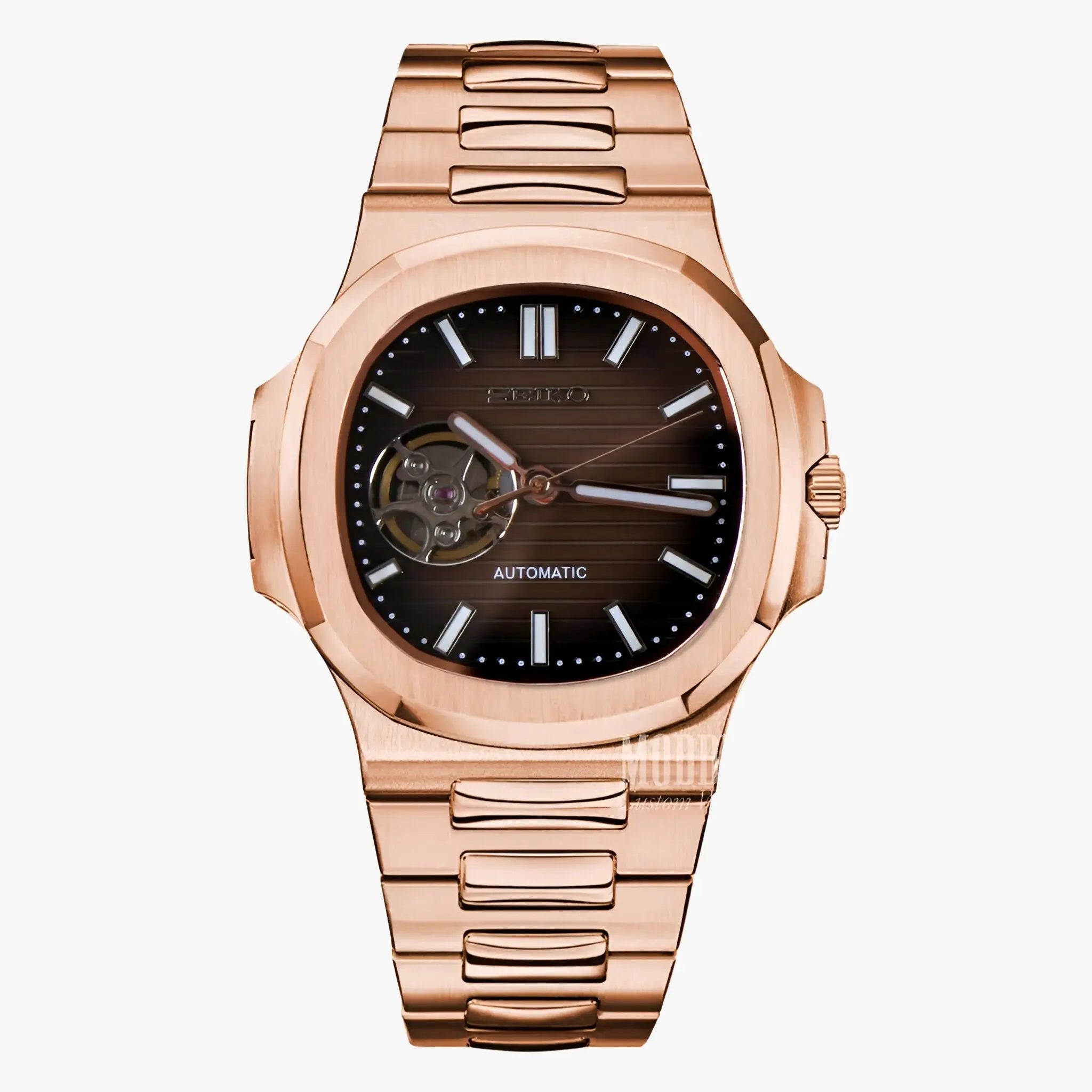 Rose gold Patek Philippe Nautilus watch with brown dial and NH38 automatic movement