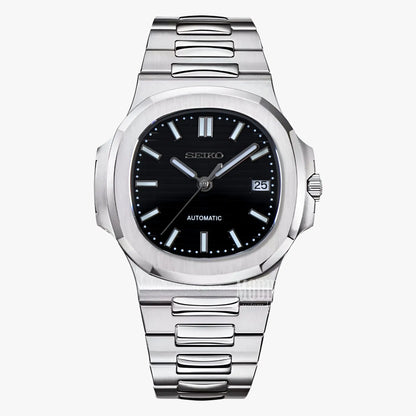 Seiko mod Nautilus black dial watch with NH35 automatic movement