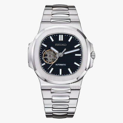 Seiko NH38 automatic mod Nautilus with 904L steel band and black dial