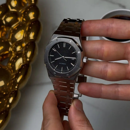 Royal Oak mod watch with black dial, Seiko NH35 automatic, water resistance