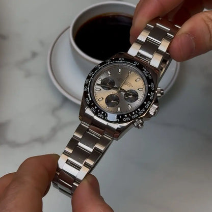 Seiko mod Daytona chronograph watch in stainless steel 316L with black bezel and dial