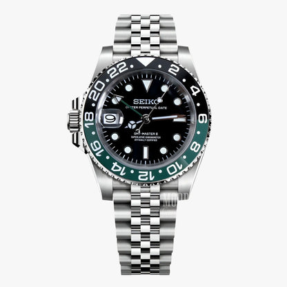 Seiko NH34 automatic mod GMT watch with black dial and green blue bezel