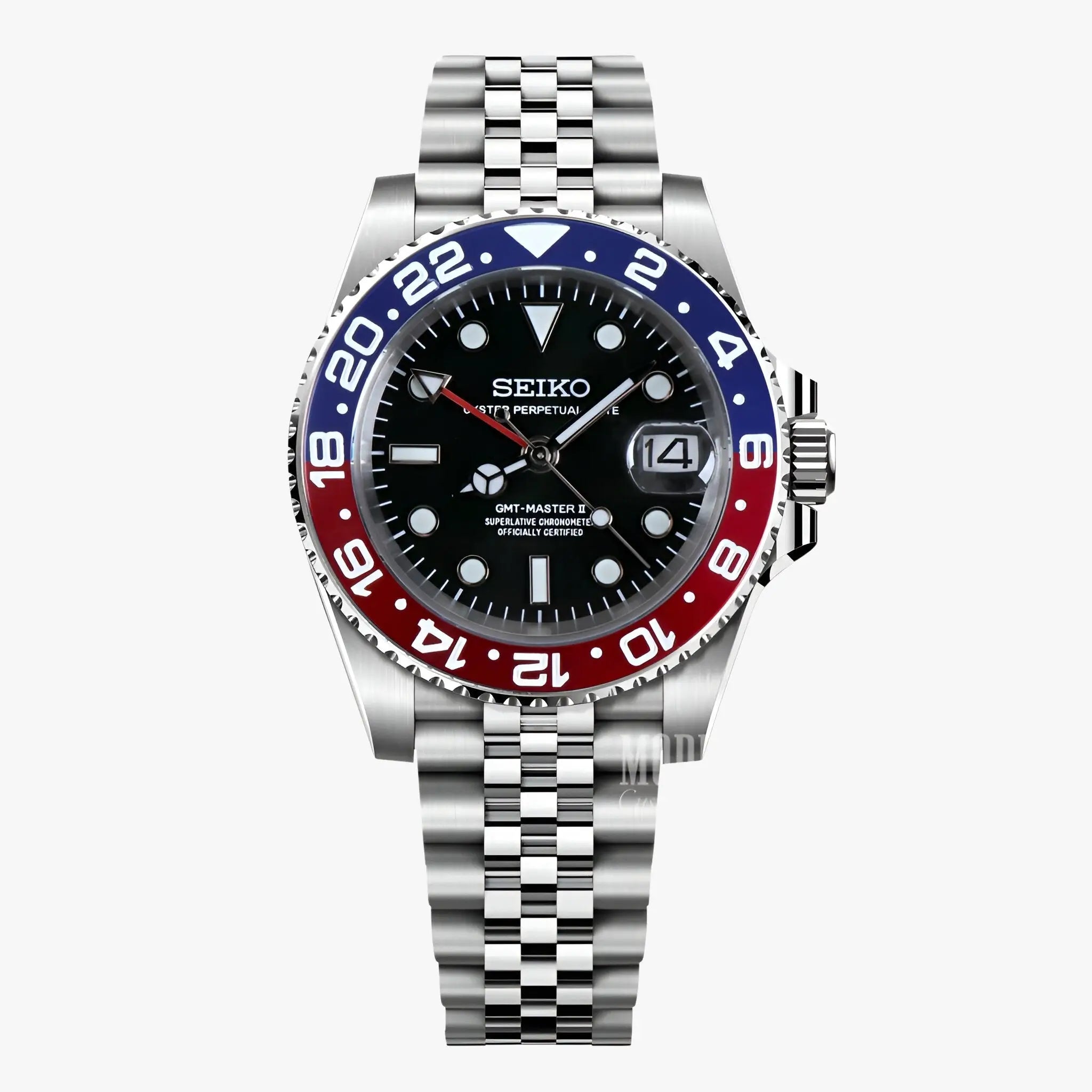 Seiko NH34 stainless steel GMT Pepsi watch with black dial accents