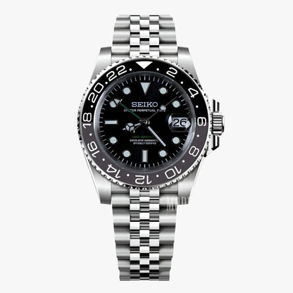 Seiko NH34 automatic mod GMT watch with black dial, silver bezel and bracelet