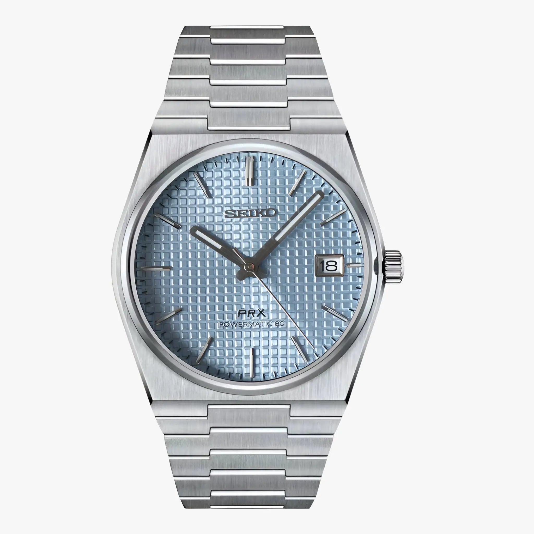 Silver Seiko mod with NH35 automatic movement, ice blue textured dial