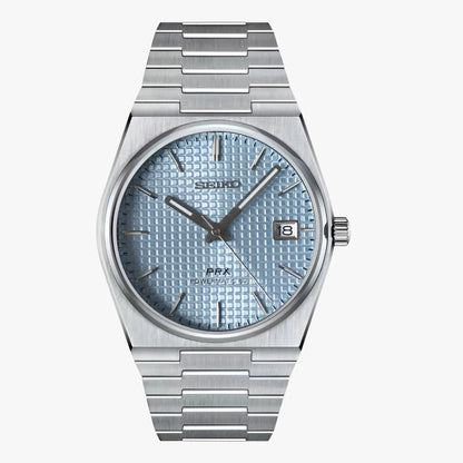 Silver Seiko mod with NH35 automatic movement, ice blue textured dial