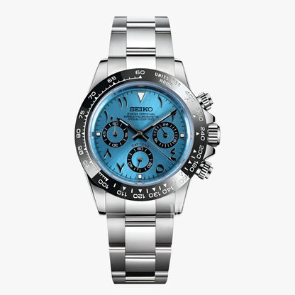 Seiko VK63 hybrid mod Daytona with Arabic ice blue dial and stainless steel bracelet, water resistance
